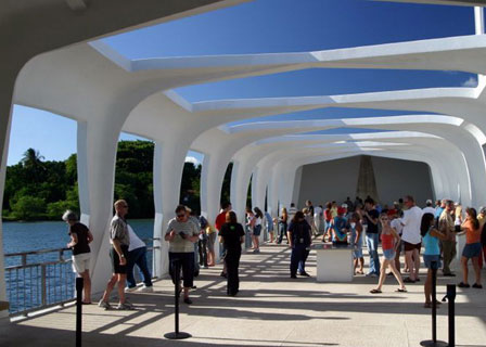 People on board the Arizona Memorial at Pearl Harbor 